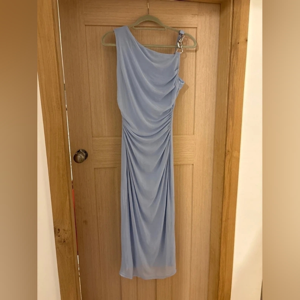 One-Shoulder Light Blue Ruched Evening Dress